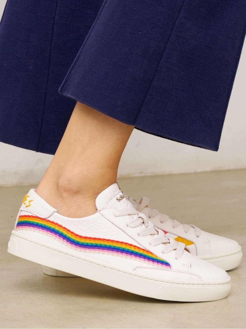 Soludos White Low-Top Sneakers with Rainbow Stripe